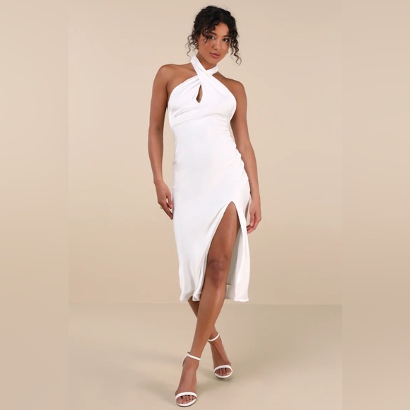 Lulus Beyond Classy White Satin Halter Midi Dress - Picture 2 of 7
